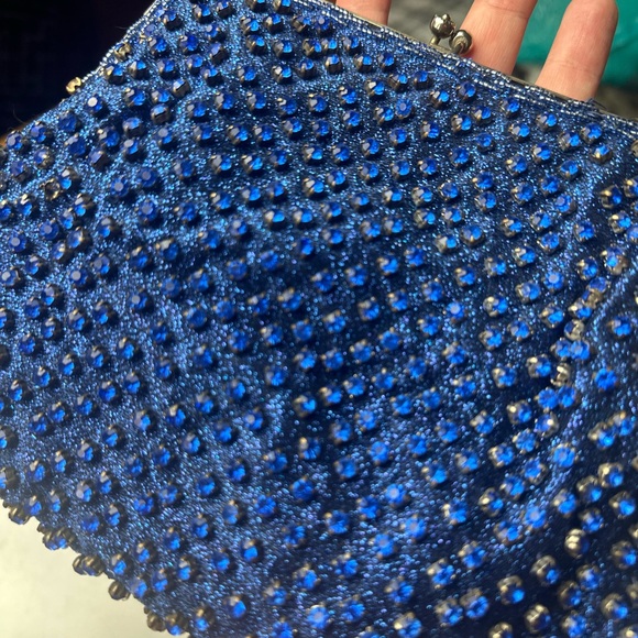 Walborg Vintage Gorgeous Blue Jeweled Silk Satin Liner Kiss Closure Clutch Purse - Picture 5 of 15